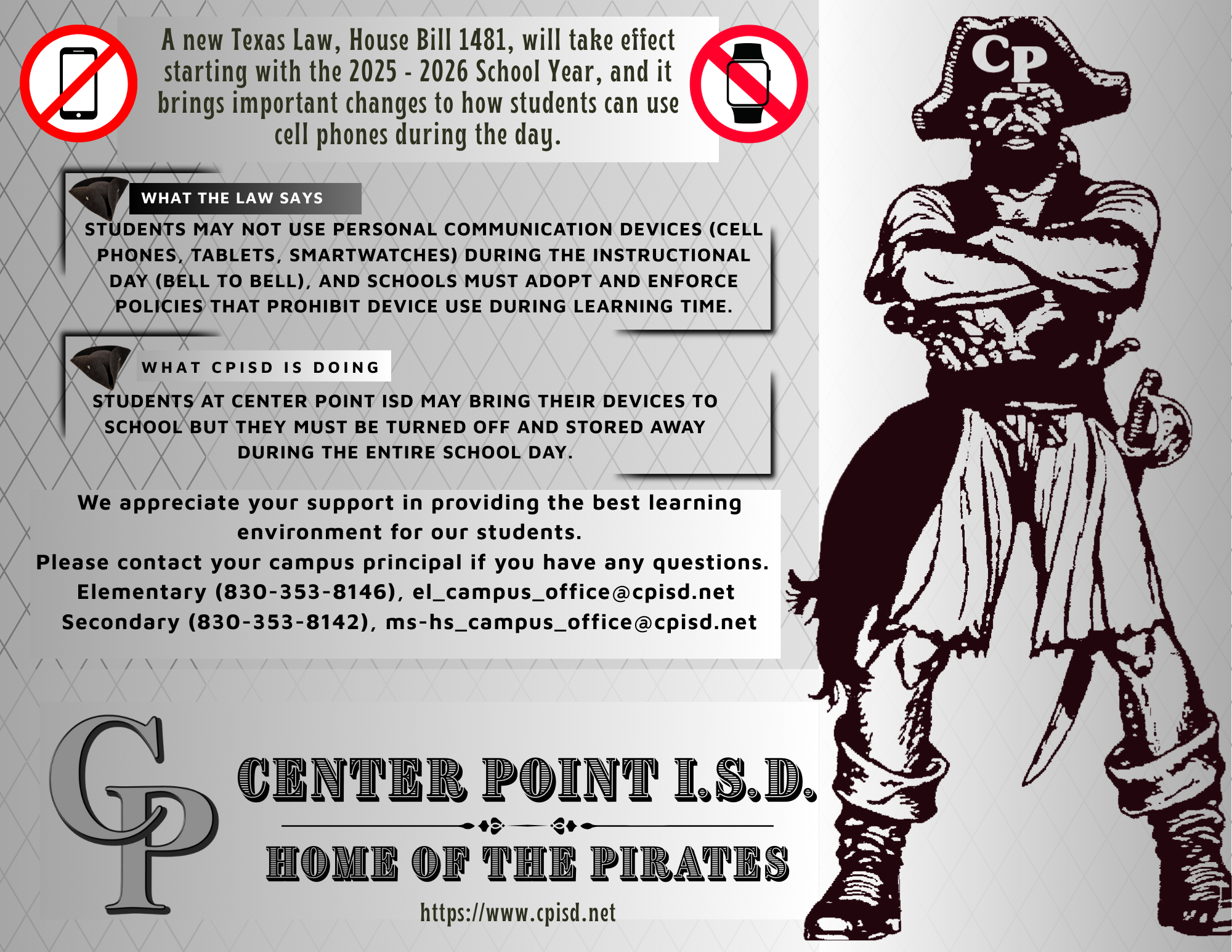 A poster announcing a Texas law, House Bill 1481, effective 2025-2026, restricting student device use in schools. Includes a pirate mascot for Center Point I.S.D., contact info, and links.